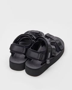 SUICOKE KISEE-PO shoes with black nylon upper, black midsole and sole, straps and logo patch. From Fall/Winter 2023 collection on SUICOKE Official US & Canada Webstore. OG-044PO BLACK