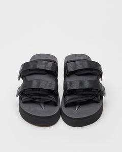 SUICOKE MOTO-PO slides with black nylon upper, black midsole and sole, strap and logo patch. From Fall/Winter 2023 collection on SUICOKE Official US & Canada Webstore. OG-056PO BLACK