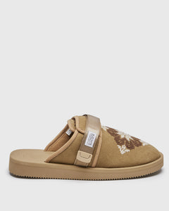 ADISH x SUICOKE ZAVO slides with beige canvas/nylon upper with traditional Palestinian embroideries, beige midsole and sole, straps and white logo patch. From Fall Winter 2023 collection on SUICOKE Official US & Canada Webstore. OG-072CabADS-FW23 BEIGE