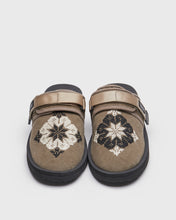 Load image into Gallery viewer, ADISH x SUICOKE ZAVO slides with gray x olive canvas/nylon upper with traditional Palestinian embroideries, gray x olive midsole and sole, straps and white logo patch. From Fall Winter 2023 collection on SUICOKE Official US &amp; Canada Webstore. OG-072CabADS-FW23 GRAY OLIVE A
