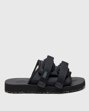 SUICOKE MOTO-Cab-ECO slides with black nylon upper, black midsole and sole, straps and logo patch. Featuring an upper made from recycled materials, a biodegradable footbed and a VIBRAM ECOSTEP EVO outsole which is composed of a minimum of 30% recycled rubber. From Spring/Summer 2022 collection on SUICOKE Official US & Canada Webstore. OG-056CAB-ECO BLACK